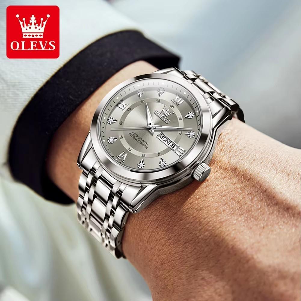 OLEVS Men's Watch Dual Calendar Display Waterproof Luminous Original Luxury Diamond Watch Fashion Men's Watch