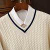 Men's Wool V-Neck Color Block Sweater - Thick Cable Knit for Fall/Winter