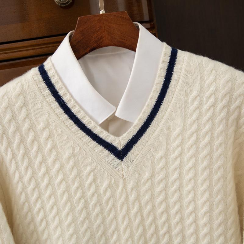 Men`s Wool V-Neck Color Block Sweater