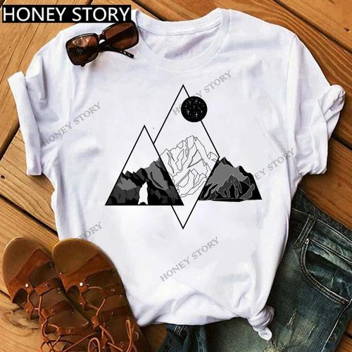 Mountain Print T-shirt Casual Harajuku T-shirt Beautiful Mountain Print Men's and Women's Trend Short Sleeve Summer polyester