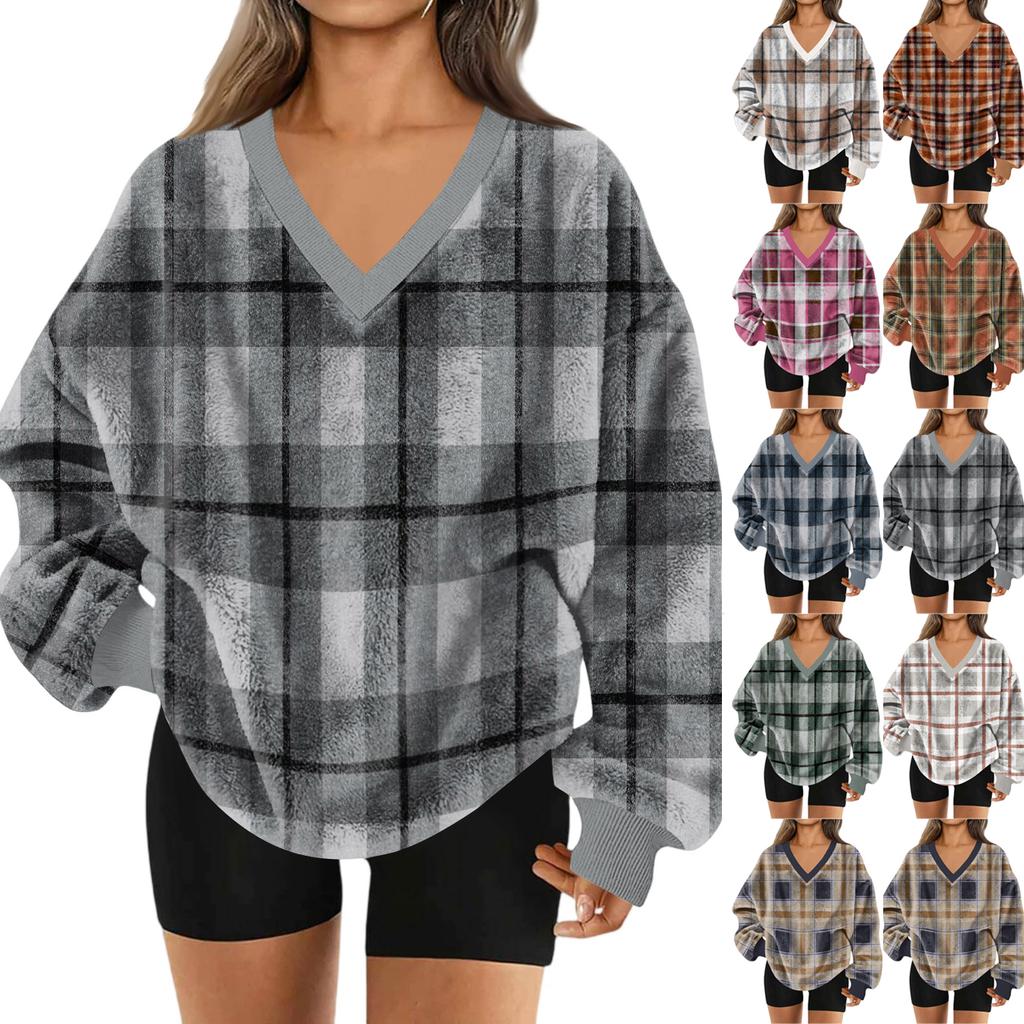Women's V-Neck Sweatshirt Plush Solid Color Casual Fashion Long Sleeve With Pocketed Pullover Top