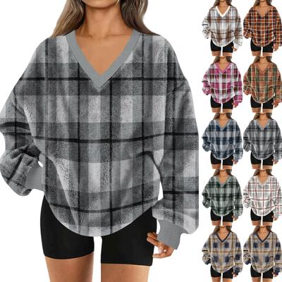 Women's V-Neck Sweatshirt Plush Solid Color Casual Fashion Long Sleeve With Pocketed Pullover Top