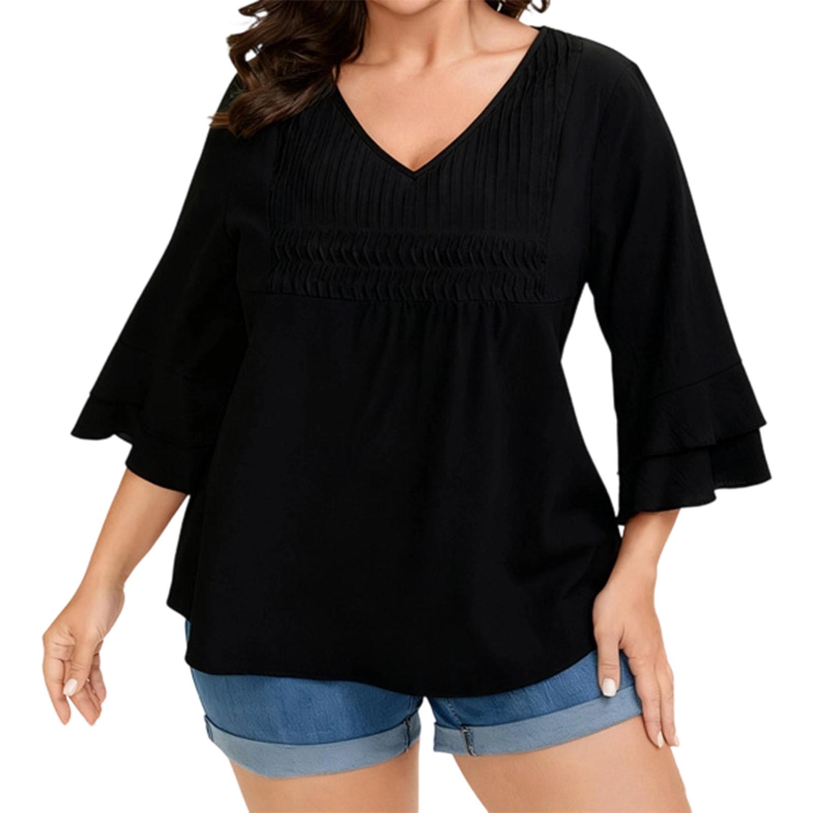 Women s Plus Size V,neck Ruffle Pleated Loose Three,quarter Sleeve Sleeve Top XL чёрный