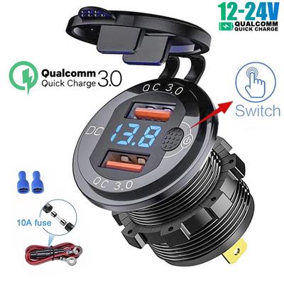 USB Type C Car Usb Charger Socket,12V/24V Dual USB Outlet PD3.0&QC3.0 Car Socket with LED Voltmeter and ON/Off Switch Button