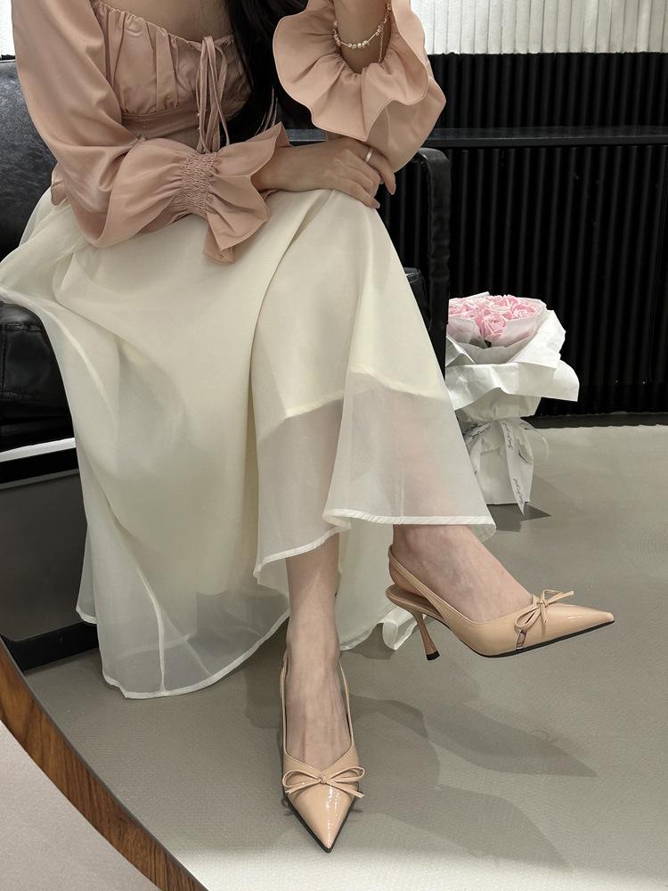 Nude high heels! Niche design sense bow hollow fairy bag head sandals
