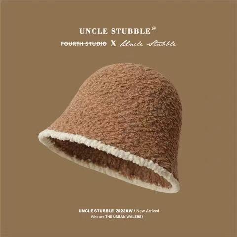 Xiaoxiangfeng plush bucket hat female face small plain knitted bucket hat big head circumference hat