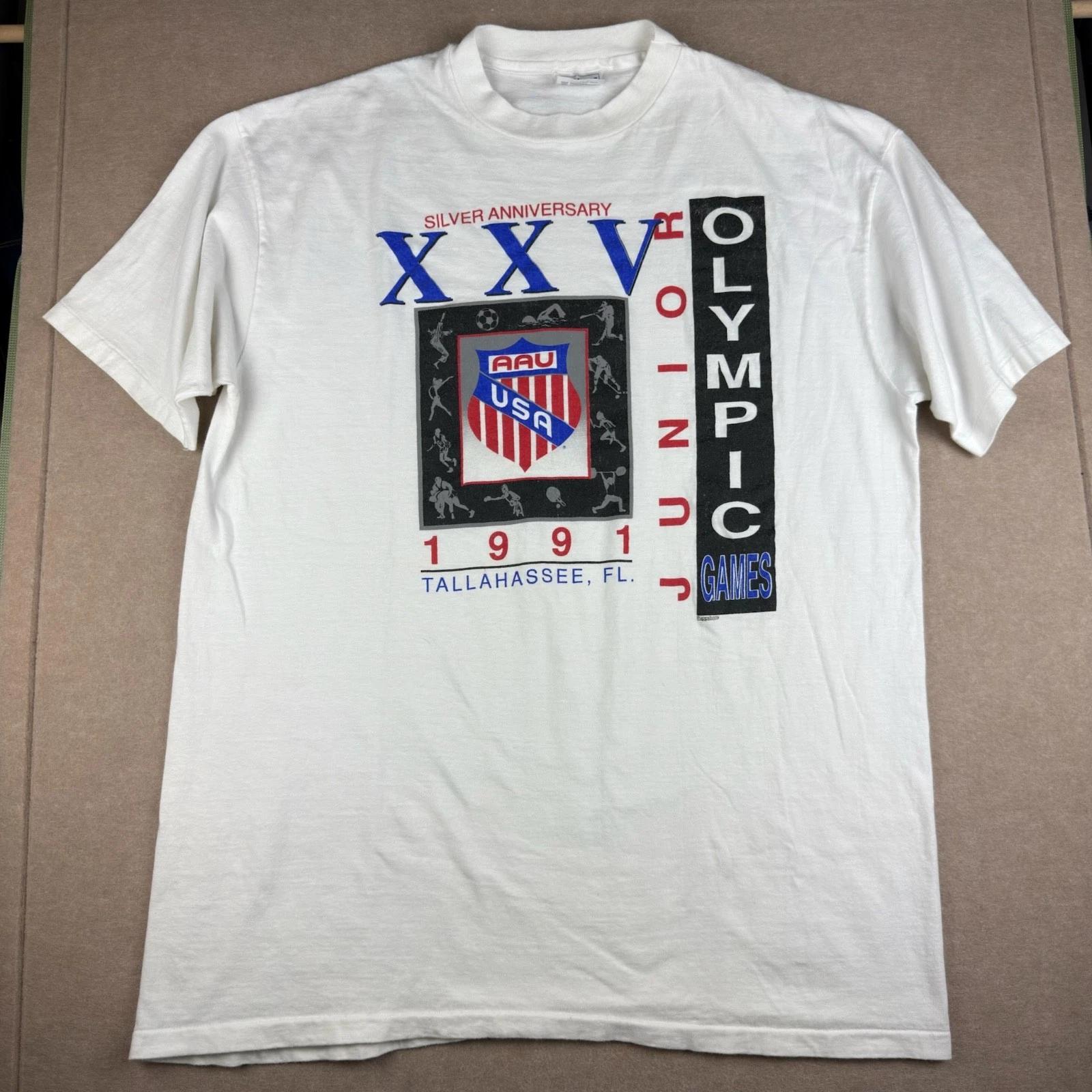 

Vintage 1991 AAU Junior Olympic Games Tee Mens XXL White Single Stitch USA Made 4XL