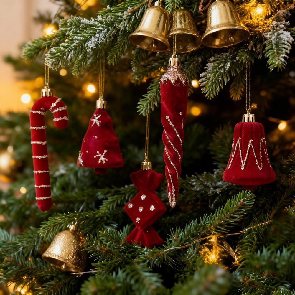 2 Pcs Velvet Christmas Ornaments Shatterproof Glitter Sequins Flocked Bell/Candy Cane/Ice Isicle Hanging Decoration for Home