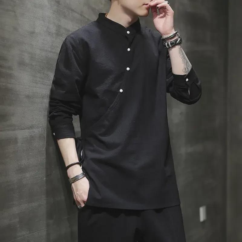 National Style Slanted Collar Hanfu Meditation Shirt: Men's Long-Sleeved Cotton Linen Tee in Chinese Design