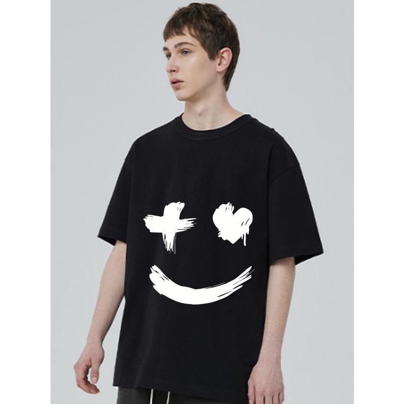 Black T Shirt with White Brush Stroke Smile Face Print for Casual Wear