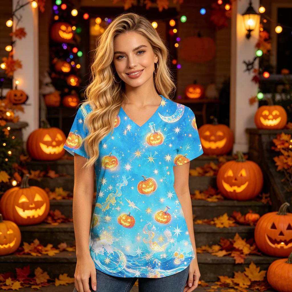 Women V Neck Short Sleeve Work Top with Pockets Halloween Print Scrub Shirt for Healthcare Professionals Uniform