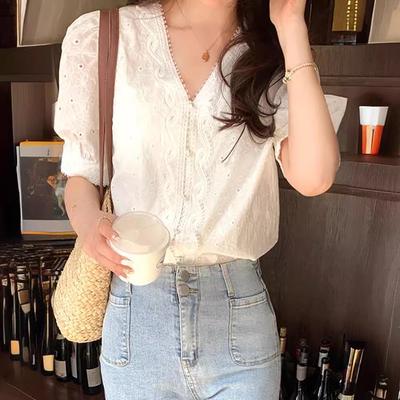 Embroidered V-Neck Chiffon Short-Sleeve Fashion Top
