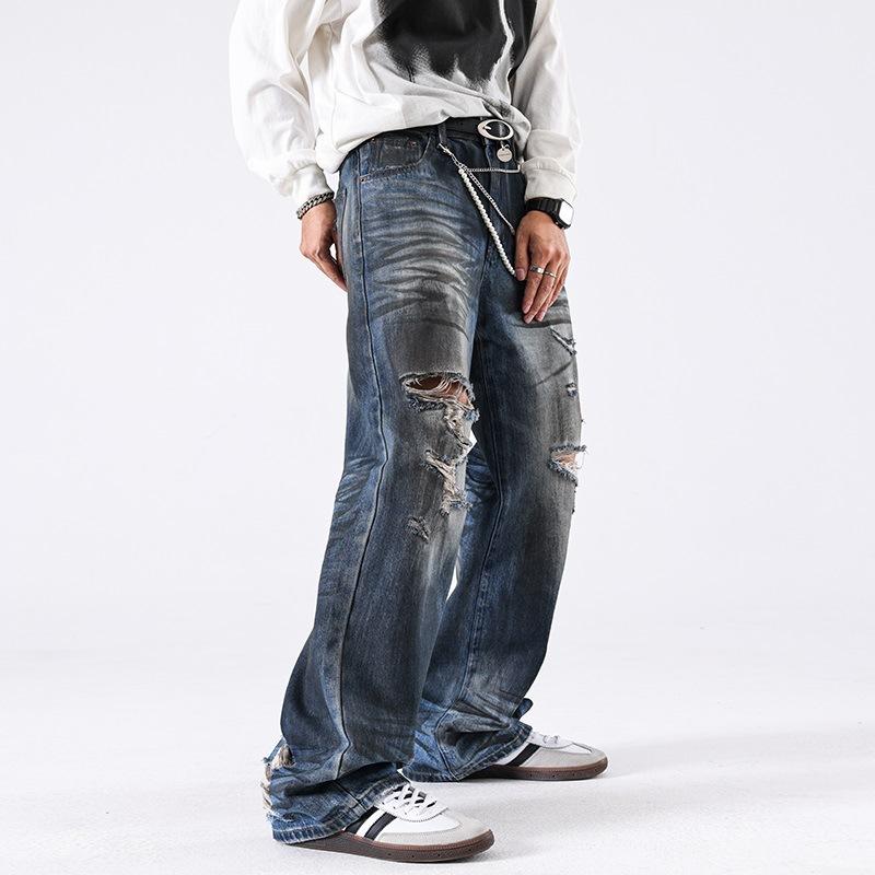 American High Street Old Dirty Dyed Ripped Loose Straight Floor Jeans Men's Length