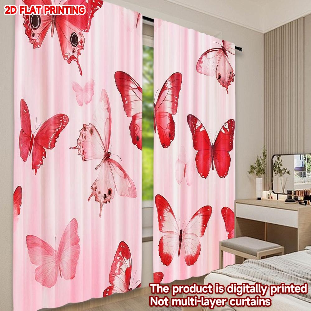 2D flat printing 2pcs Curtains Valentine's Red Butterflies Digital Printed Polyester Drapes Party Decorations Use for Door Wall