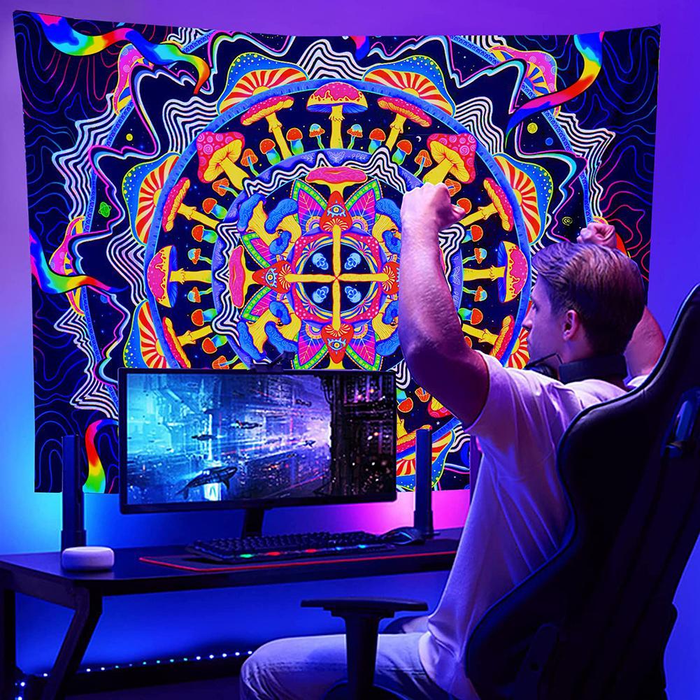 Hanging Wall Tapestry Colorful Uv Reactive Blacklight Mushroom Background Wall Cloth With Installation Accessories