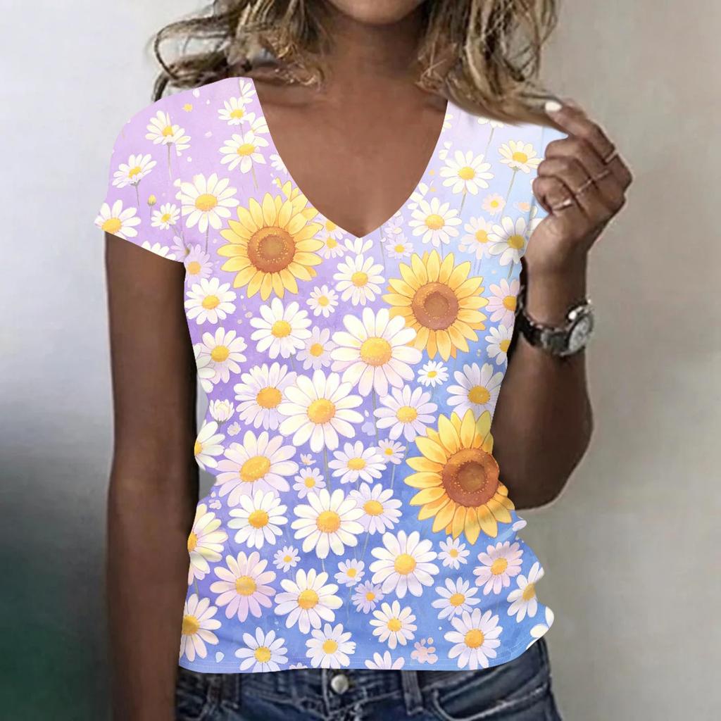 Women Casual V Neck Short Sleeve Floral Print T Shirt Lightweight Soft Fabric Comfortable Fit Summer Top
