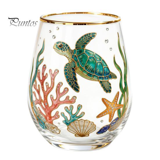 Retro Enamel Style Cup Hand Painted Glass Tumbler, Egg Shaped with Gold Rim, Clear Lead-Free Ocean Turtle Pattern Mug for Tea Coffee Wine Juice