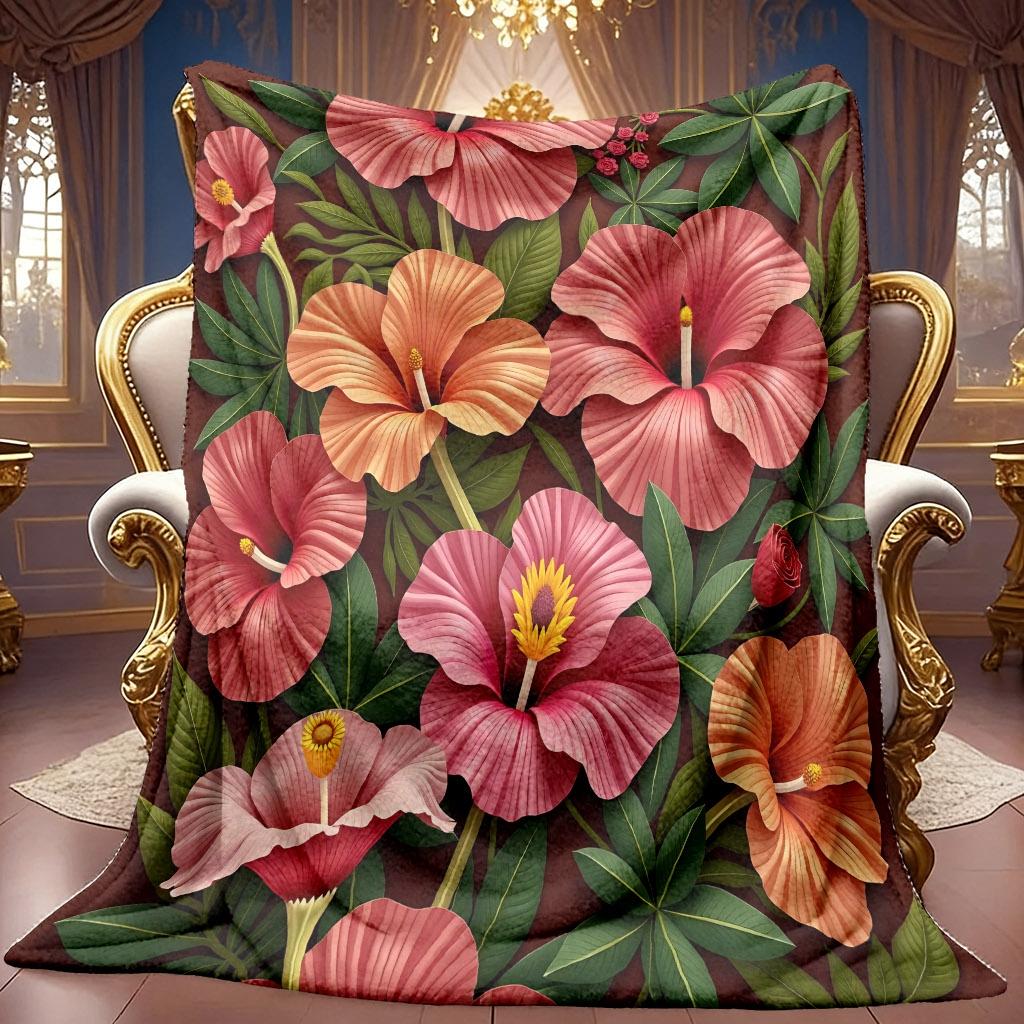 1pc 2D Tropical Floral Theme Pattern Flannel Blanket, Soft HD Digital Print, Cooling Blanket All-Season Use! Soft And Breathable 100% Polyester Fiber,