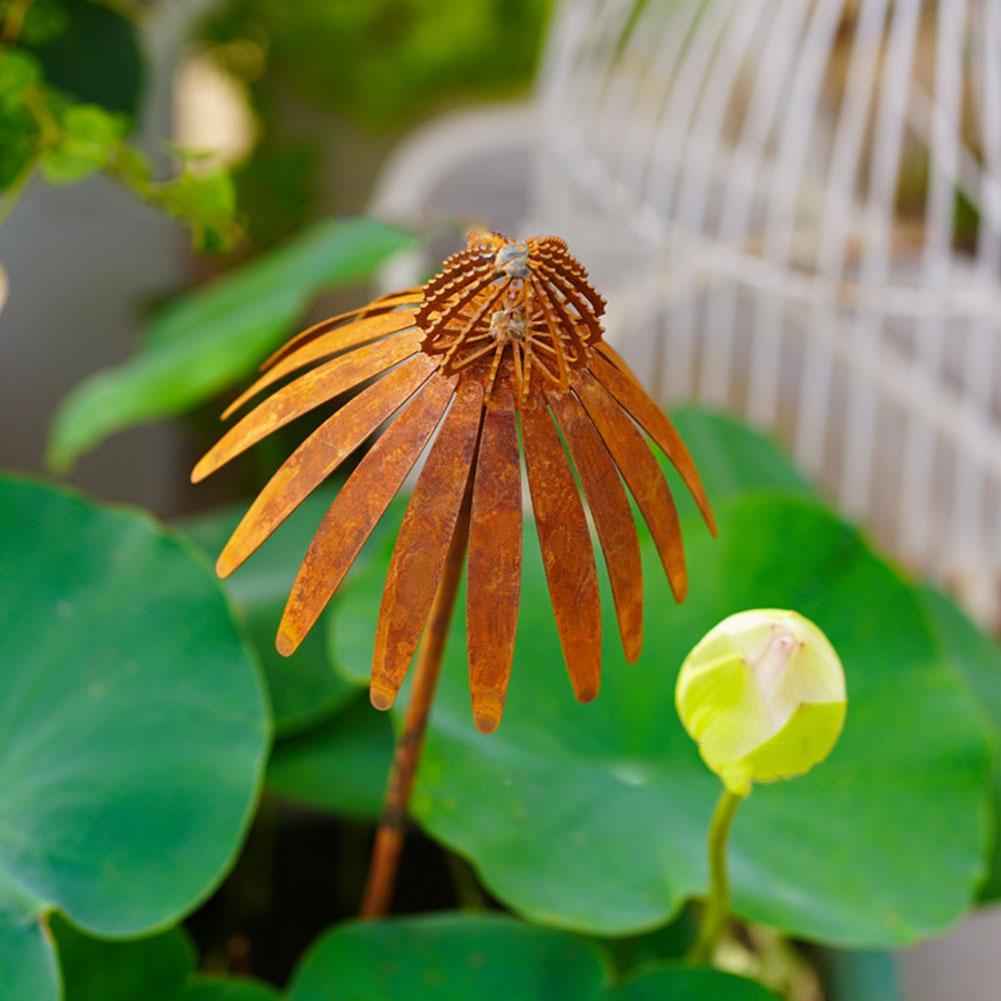 1Pcs Rusty Echinacea Garden Stake Charming Rusted Echinacea Garden Stake Metal Echinacea Plant Sculpture Garden Stake