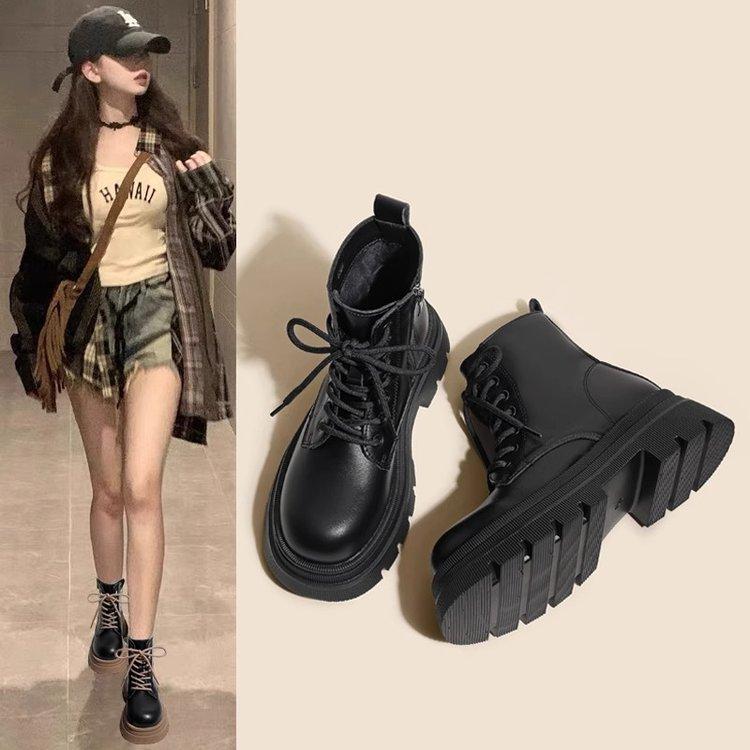 Autumn and Winter Women's Spring Single Boots Versatile Thick Bottom Black British Style Short Female Boots