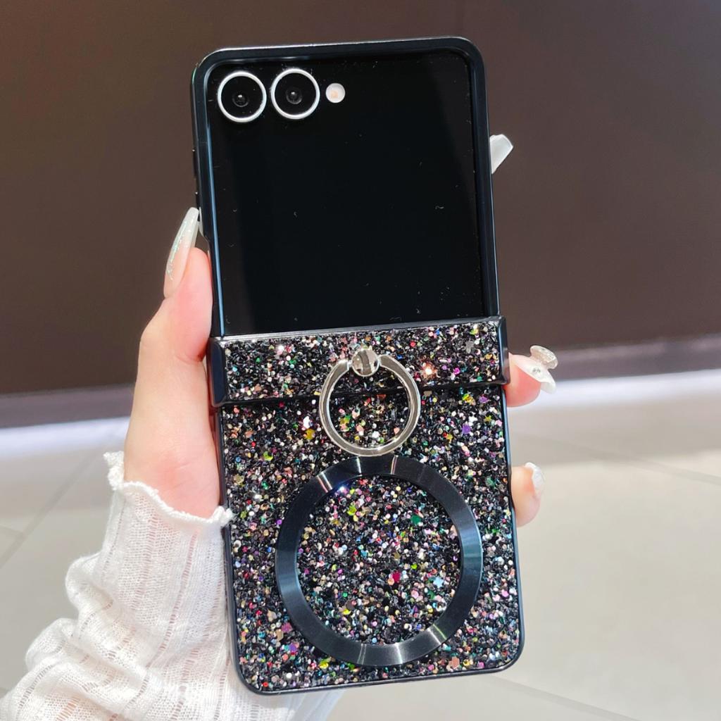 For Samsung Galaxy Z Flip 7 Ring Fold Bracket Magnetic Case for Samsung Galaxy Z Flip 6 Zflip 5 Zflip4 3 Shining Glitter Cover