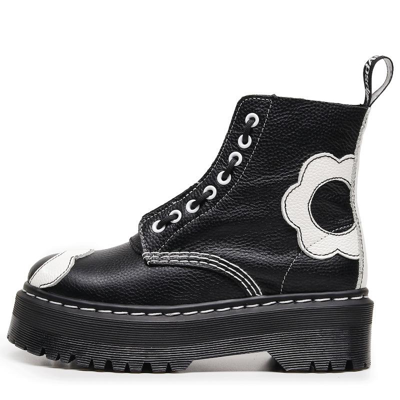 

New Huahua two wear thick bottom hole locomotive boots front zipper, first layer lychee pattern short boots muffin bottom 35