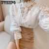WTEMPO Women Hite Lace Patchwork Hollow Out Shirt Long Sleeve O-Neck Mesh Tops Spring Elegant Solid Button Blouses