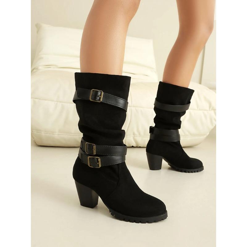 Fashion 2025 Autumn and Winter New Large Size Heel 6.5CM Side Zipper Low Tube Female Boots Double Buckle Fold in The Boot