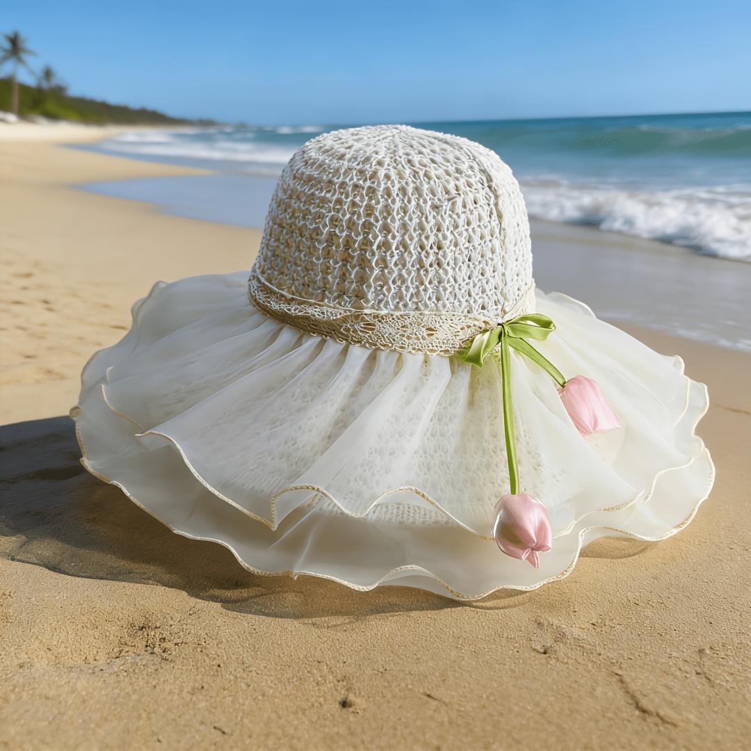 1Pc Dreamy Mesh Decorated Summer Wide-Brimmed Hat, Women S Sun Hat, Breathable Foldable Wide-Brimmed Beach Hat, Hand Washable - Elegant Women