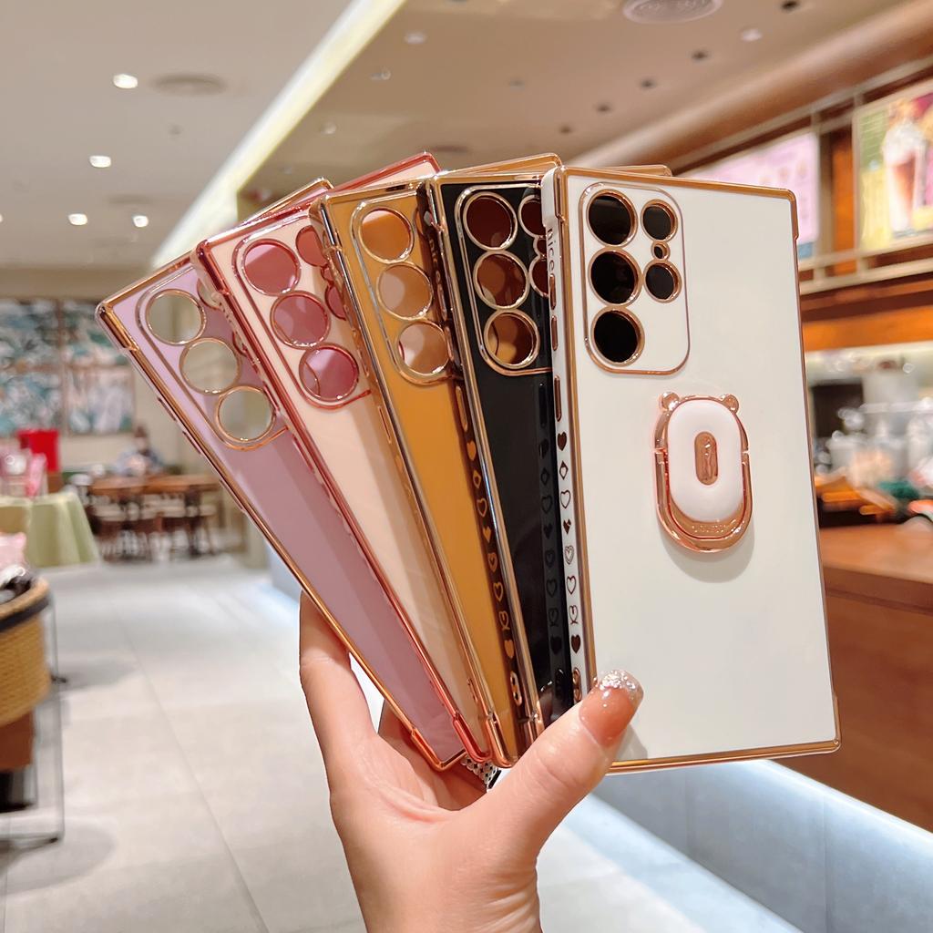 Suitable for Galaxy S23U mobile phone case electroplated bear Samsung S20FE Apple 17 bracket ring protective case