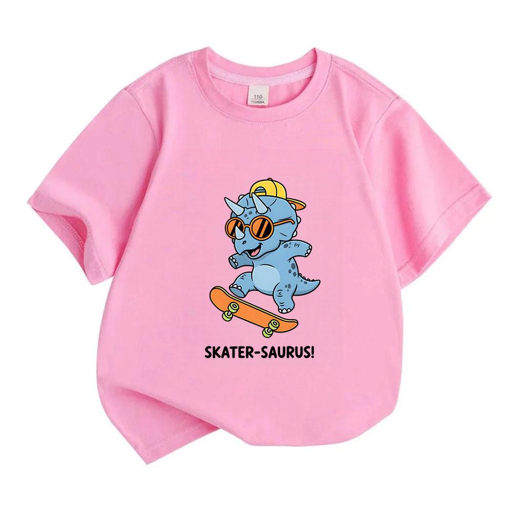 Kids Boys Girls 100% Cotton Crew Neck Short Sleeve T-Shirt, Cool Cartoon Skater Triceratops Dinosaur Skateboard Printed Casual Tees for Toddler Childr