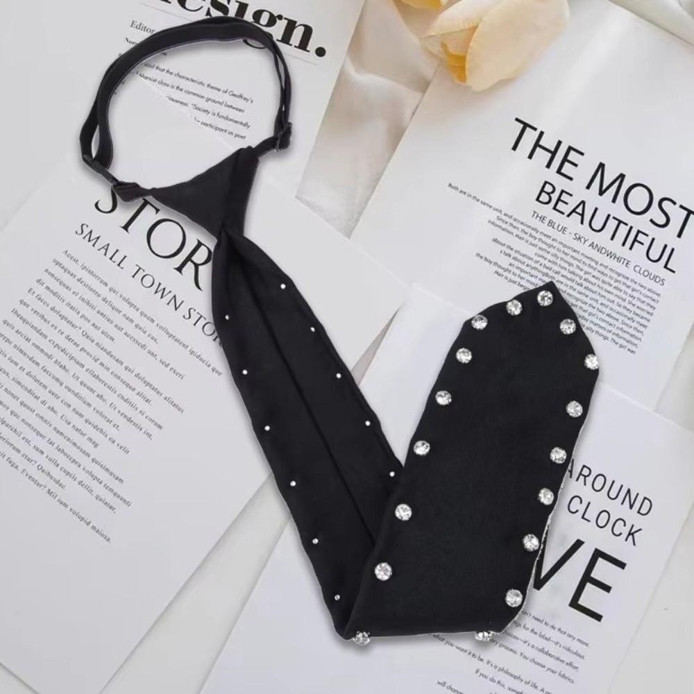 Black Lazy Rhinestone Neck Tie Flexible Pre Tied Neck Tie Business Adjustable Neck Tie Festive