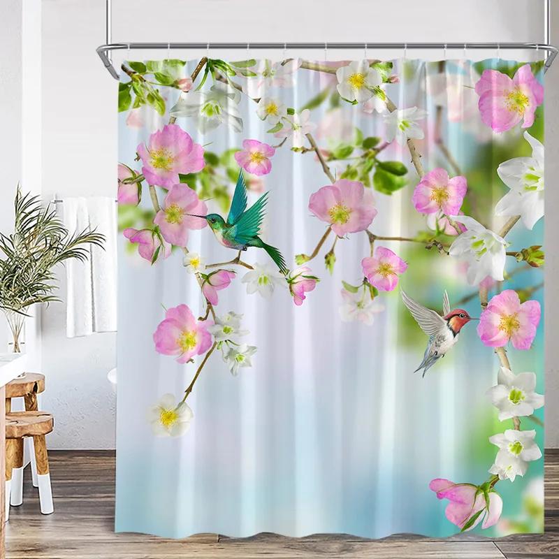 Pink Rose Floral Shower Curtains Rustic Flowers Green Leaves Modern Fabric Home Bathroom Decorative Bath Curtain Set With Hooks