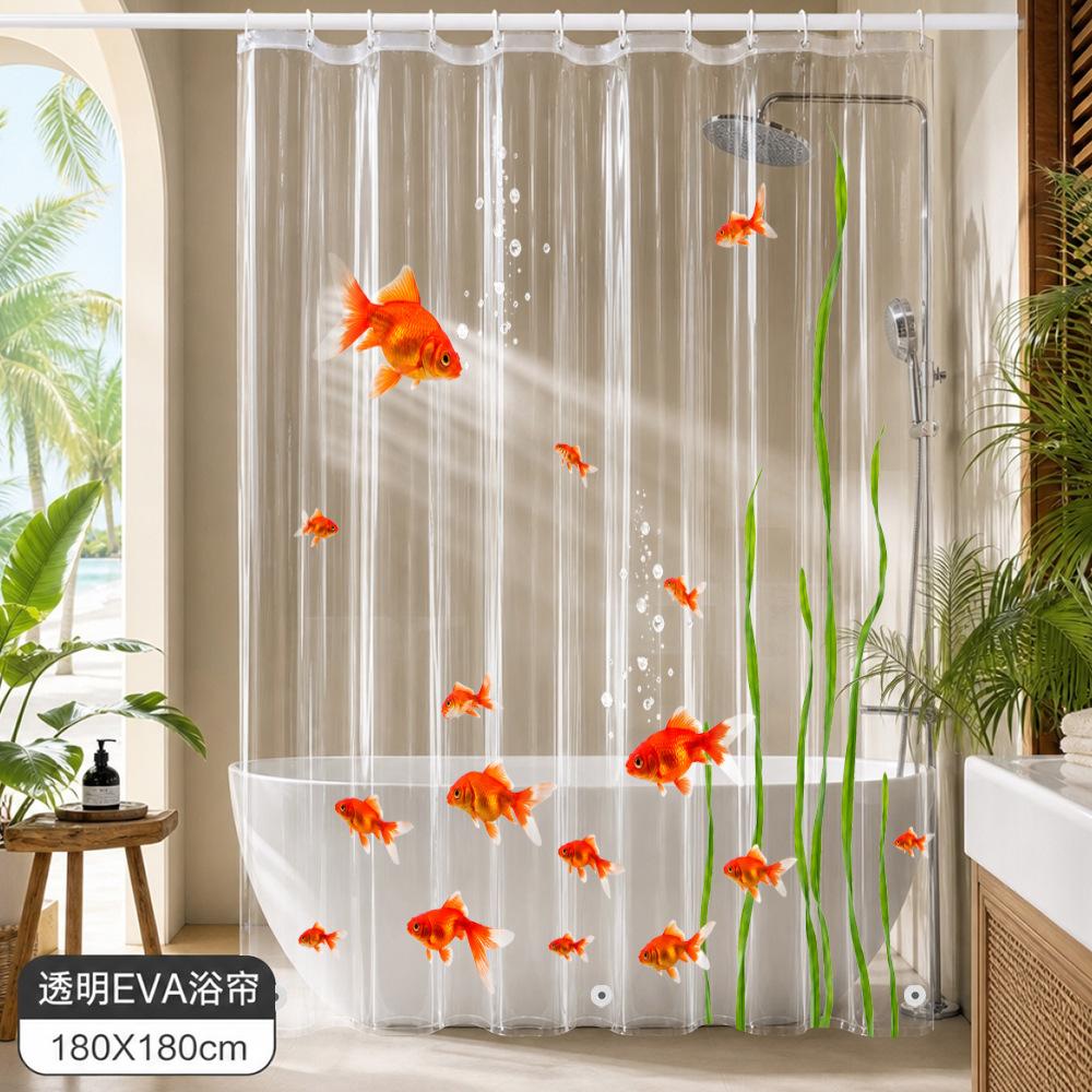 Hochwertiger PEVA Goldfisch Duschvorhang - Transparente Badezimmerdekoration mit Orangen Fischen und Stein-Design, Inklusive 12 Haken