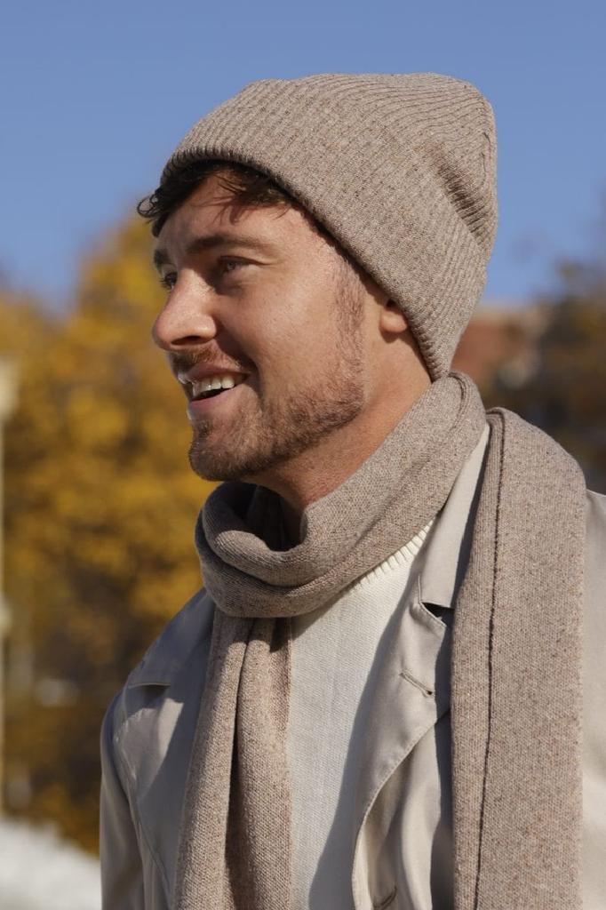 Patrick Men' Set - Hat and Scarf, Dark Beige (Merino & Silk)