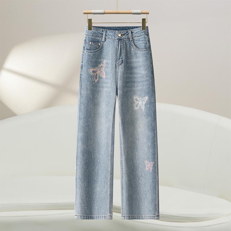 

Women s Wide-Leg Jeans with Butterfly Rhinestone - Summer 2026 Fashion 28 синий