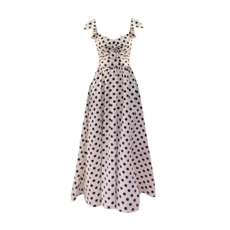 French Polka Dot Dress Women's Summer High-end Seaside Vacation Xiaofei Sleeve Temperament Waist A-word Long Skirt