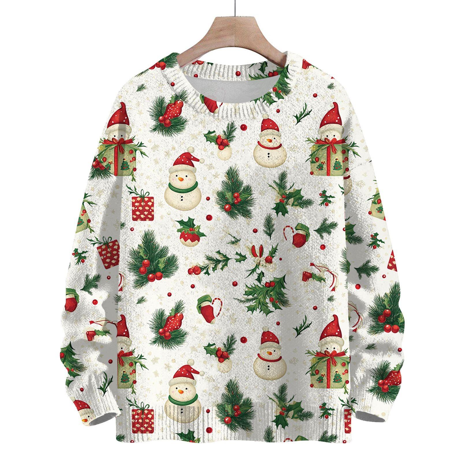 

Женская мода круглый вырез повседневный длинный рукав рождественский милый принт шерстяной трикотажный топ M бежевый