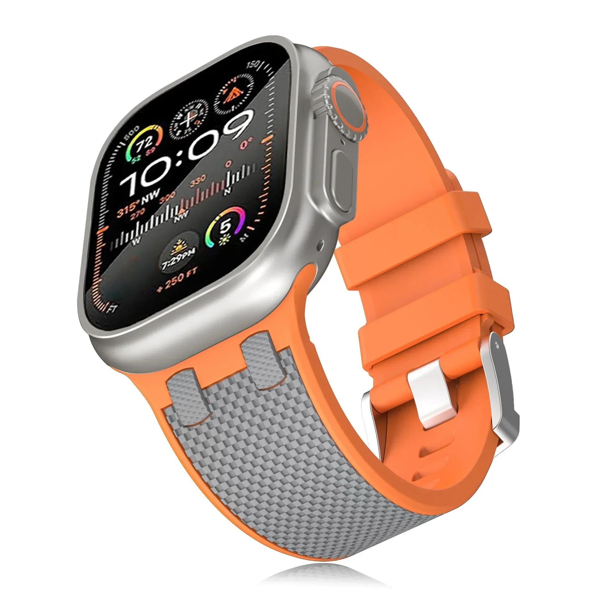 

Мягкий резиновый браслет для Apple Watch Ultra 2 Series 9 7 8 6 5 4 3 se Ремешок с узором из углеродного волокна для iWatch 49 мм 45 мм 42 мм 44 мм For Apple Watch 42mm оранжевый