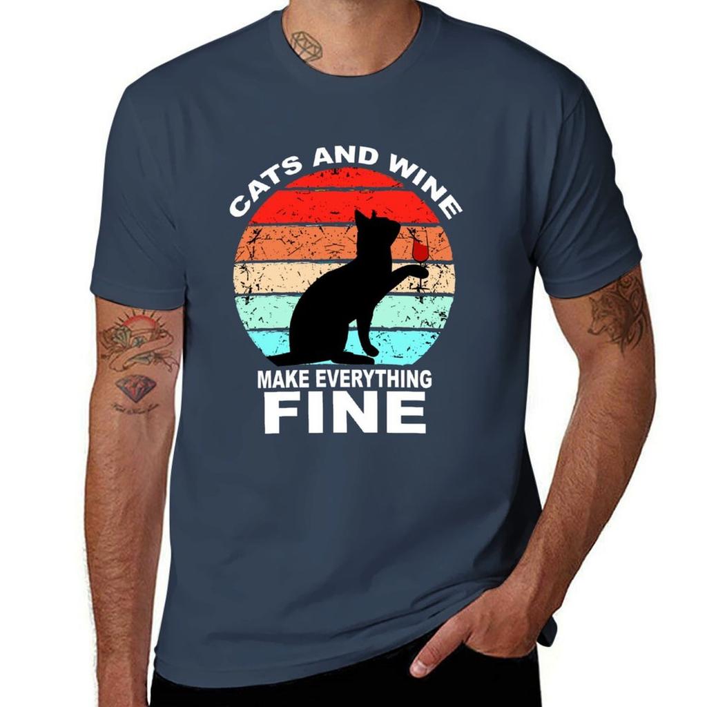 Cats And Wine Make Everything Fine TShirt Work Daily Short Sleeve Top