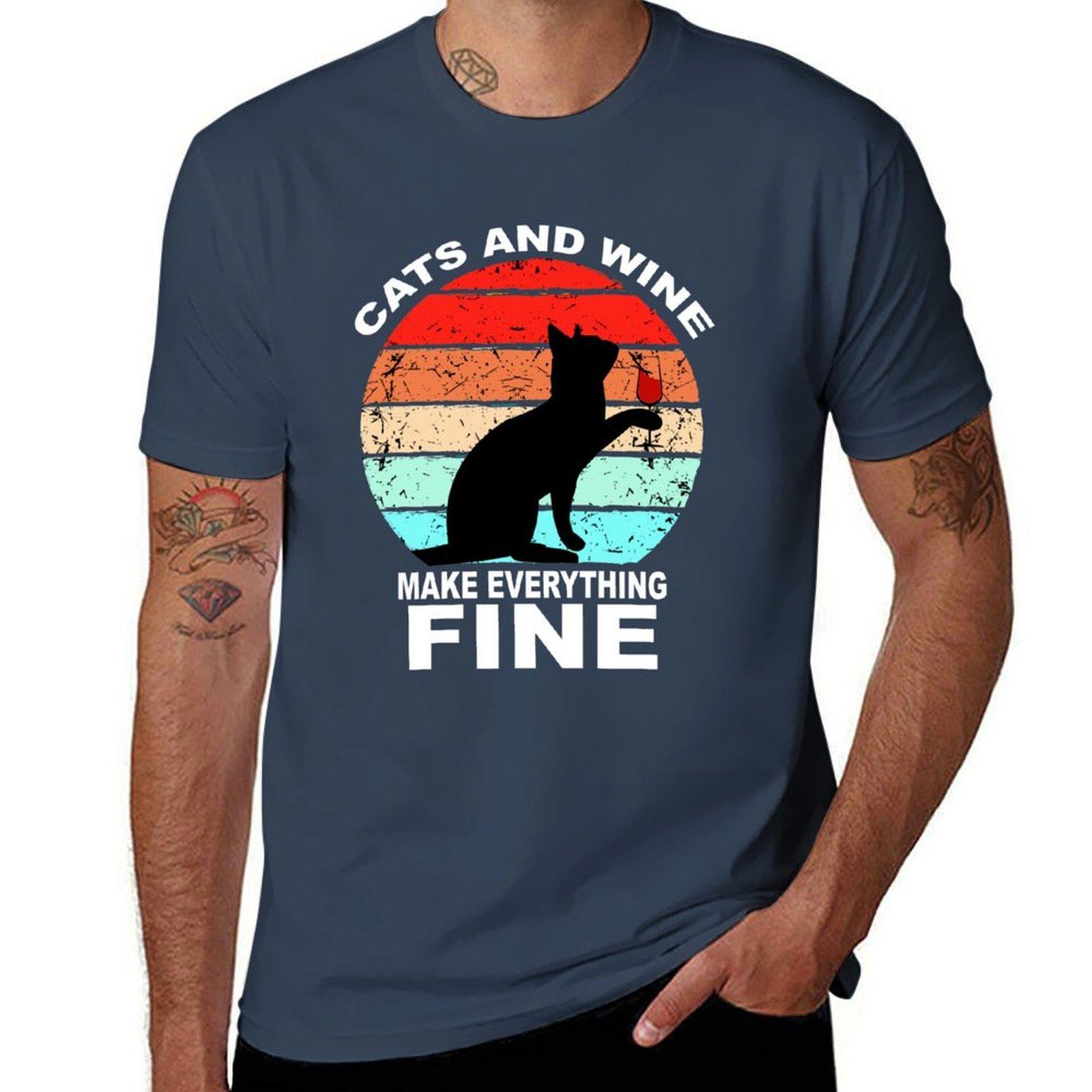 Cats And Wine Make Everything Fine TShirt Work Daily Short Sleeve Top S