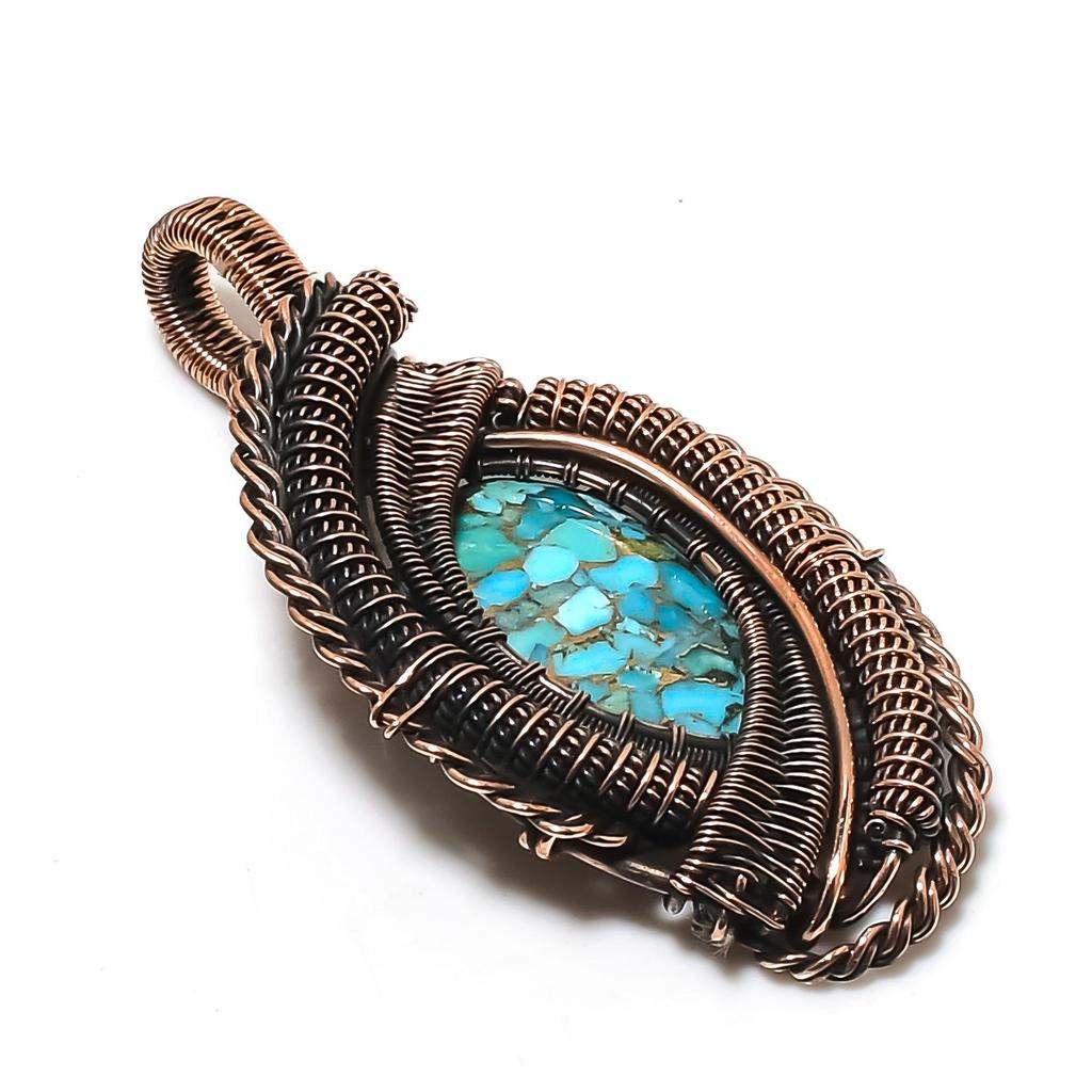 Blue Copper Turquoise Handmade Gemstone Pendant, 999 Copper Wire Wrapped Pendant Antique Jewelry, For Engagement Gift