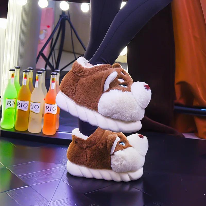 Fashion Women Indoor Cotton Slippers Cute Cartoon Dog Winter Warm Shoes Couples Home Floor Slides Anti-slip  Female Male House Footwear