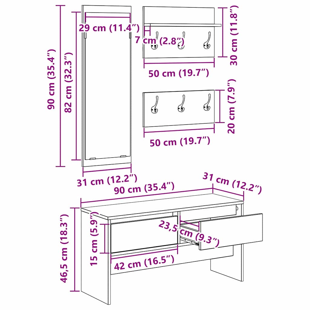 Hallway Furniture Set with Shelf 4 pcs Rustic Oak Wood Material