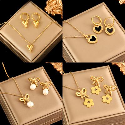 Ensemble de boucles d'oreilles et collier en perles en forme de cœur et de fleur en acier inoxydable 316L pour femmes, ensemble de bijoux tendance et étanche
