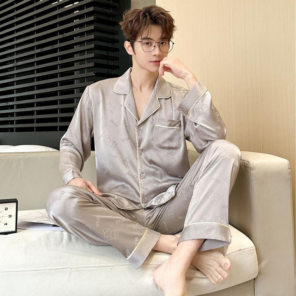 Men's Spring and Autumn Loungewear 2 Piece Long Sleeve Pajamas Set Comfortable Thin Ice Silk Homewear