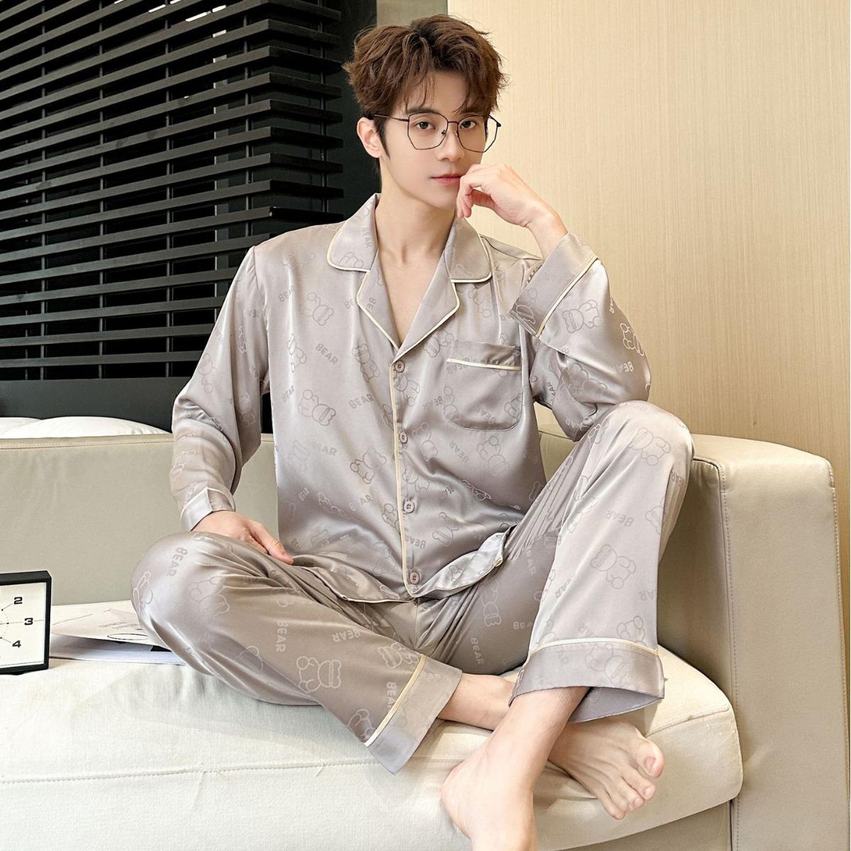 

Мужская домашняя одежда весна-осень, комплект из 2 предметов, пижама с длинным рукавом, удобная домашняя одежда из тонкого ледяного шелка 3XL кофейный