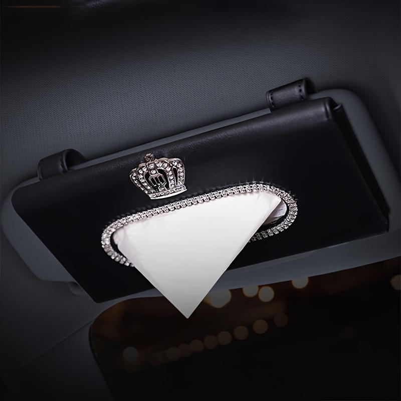 Bling Rhinestone Crown Sun Visor Tissue Box Cover, Hanging Car Tissue Holder Made of Faux Leather, Creative High-End Automotive Accessories.