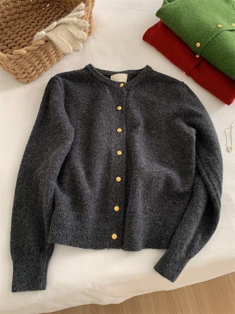 Whitening Raspberry Pink Gold Button Knit Cardigan - Women's Autumn/Winter Korean Style, Soft, Thick, Warm, Round Neck Wool.