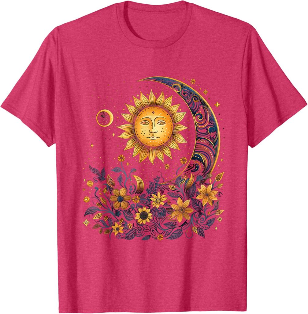 Mystic Sun and Moon Floral Graphic T-Shirt Men Casual Print O-Neck Breathable Trip Tee
